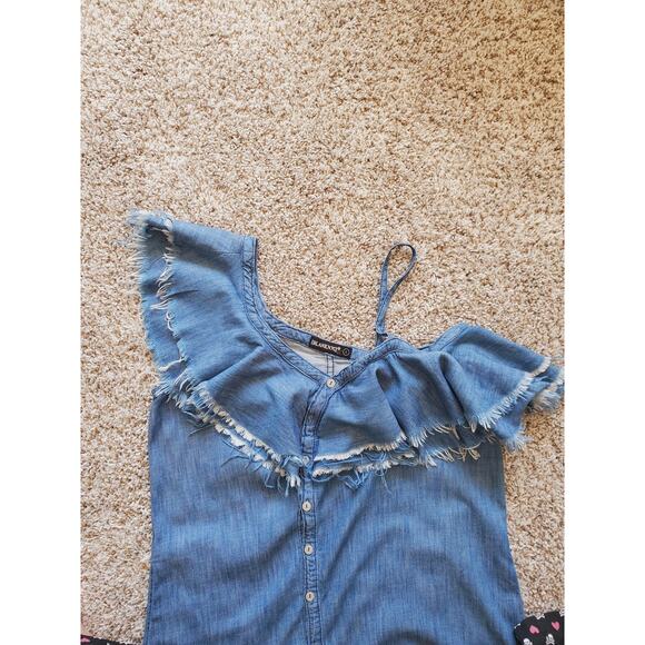 BLANKNYC Asymmetric Raw Frayed Edge Ruffle Denim Cold Shoulder Dress L - Picture 3 of 9
